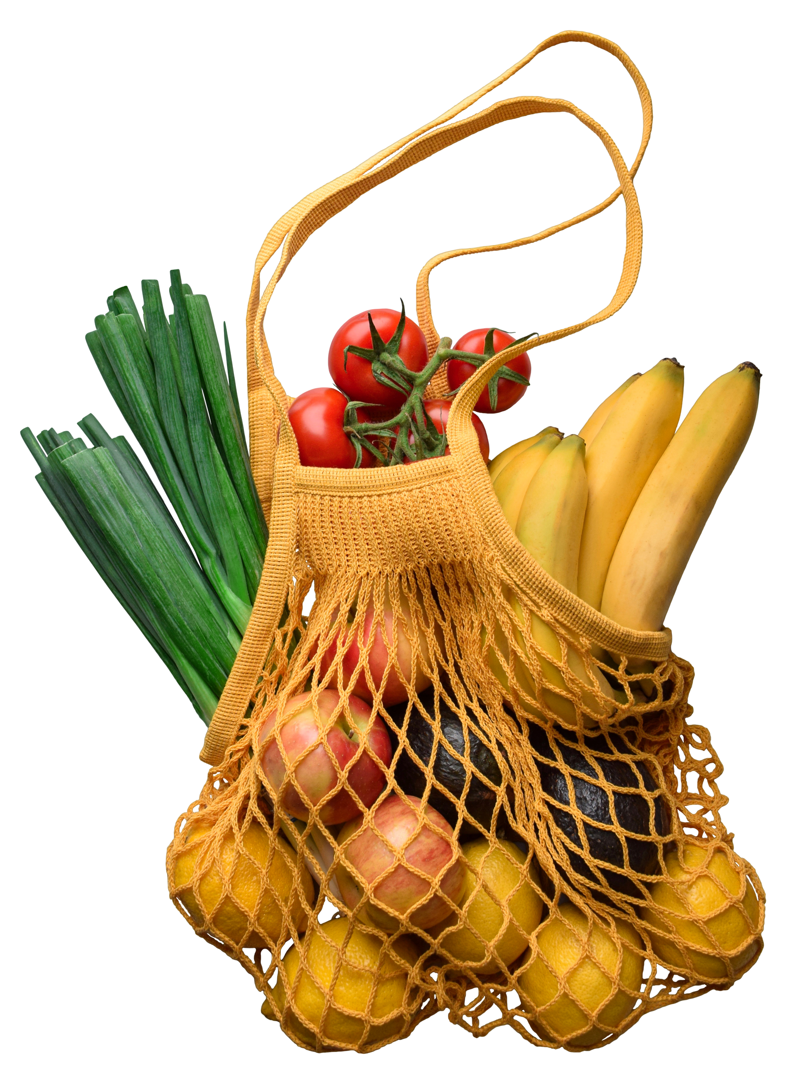 Sac de fruits et légumes contenant des citrons, des tomates, des bananes et des oignons.