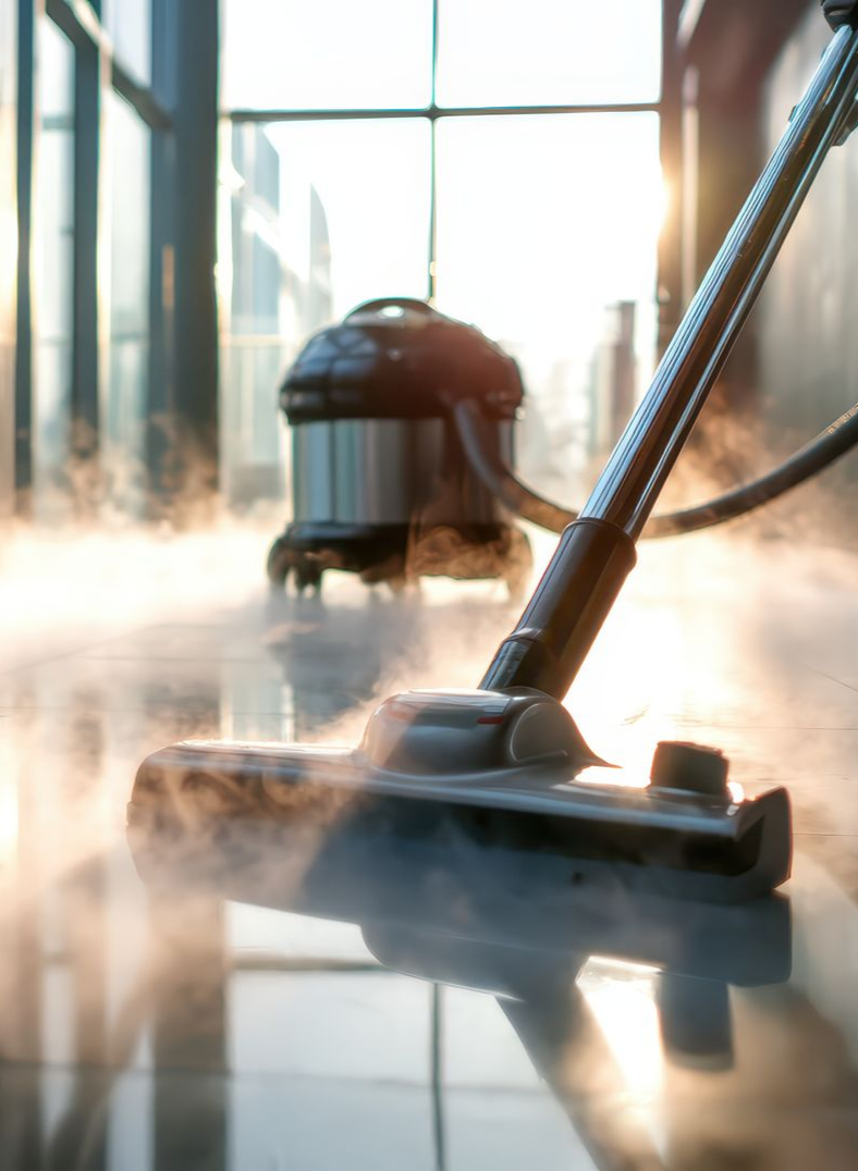 Un nettoyeur vapeur sur un sol brillant, créant de la vapeur visible dans un bâtiment moderne doté de grandes fenêtres.
