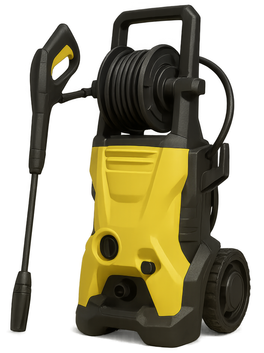 Nettoyeur haute pression jaune et noir avec enrouleur de tuyau et pistolet de pulvérisation.