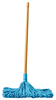 Balai-serpillière bleu à manche en bois sur fond blanc.