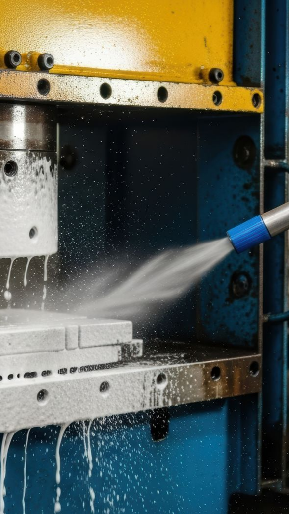 Une machine est aspergée d'un liquide blanc. Milieu industriel ; machine jaune et bleu.