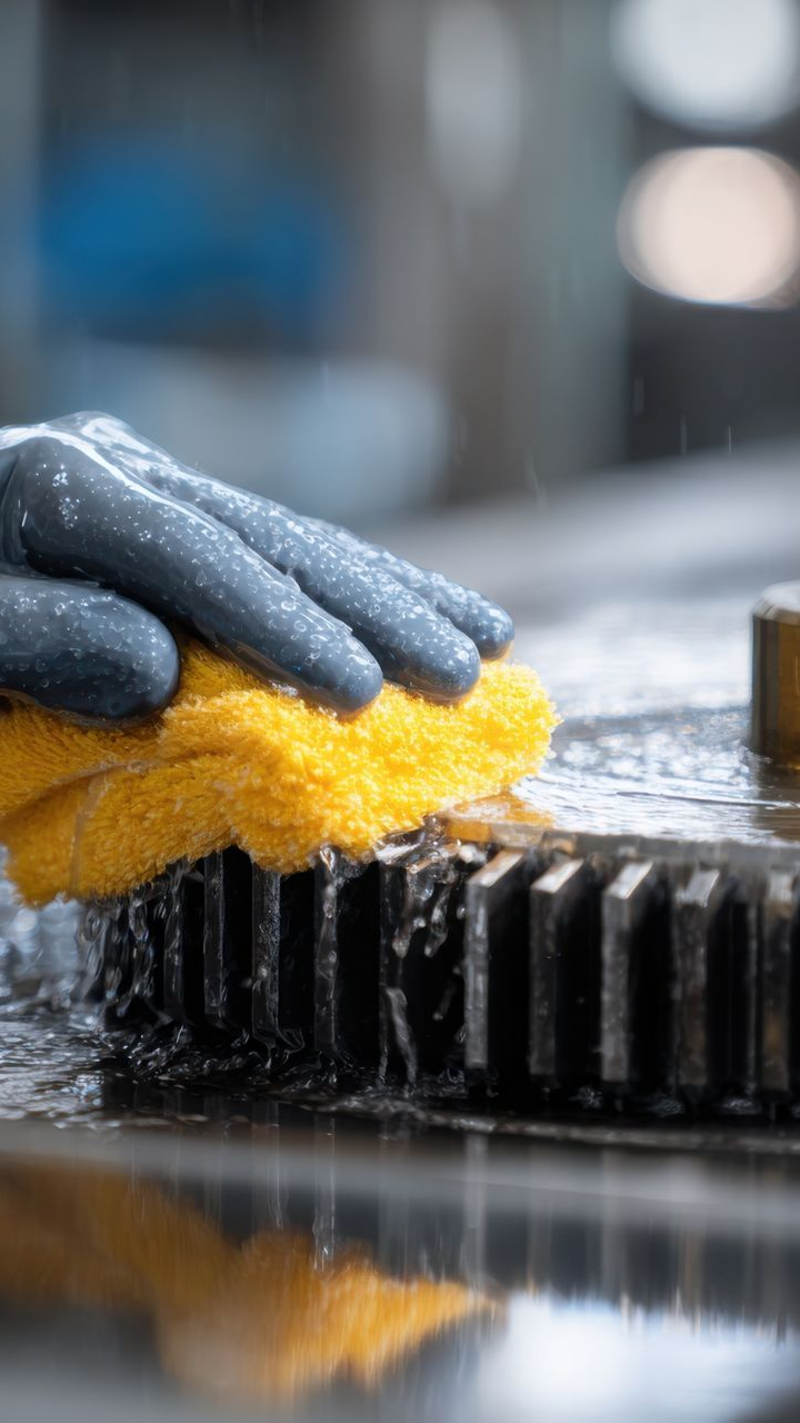Main gantée essuyant un engrenage métallique humide avec une éponge jaune. Décor industriel flou.