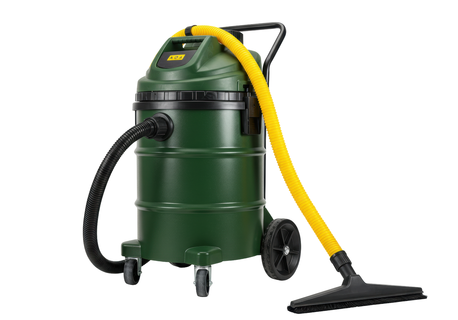 Aspirateur industriel, eau et poussière, avec tuyau jaune et poignée noire, sur roues.