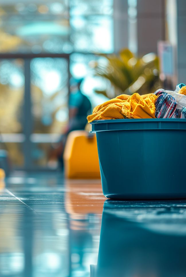 Un seau de nettoyage bleu sur un sol mouillé et brillant, avec des chiffons jaunes et une silhouette floue en arrière-plan.