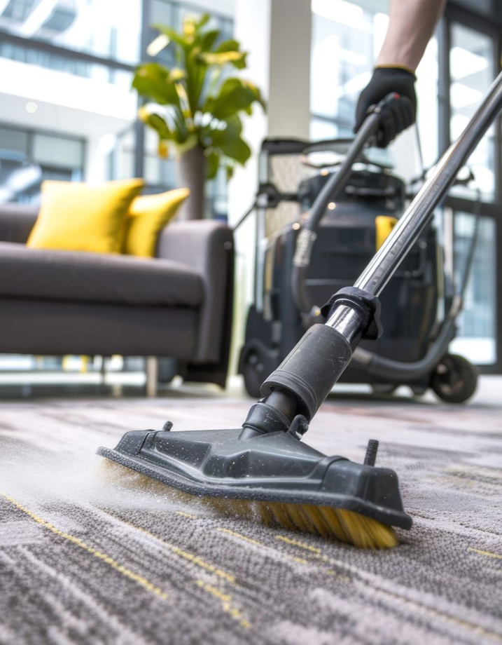 Une personne passe l'aspirateur sur une moquette à motifs dans un bureau. Un canapé, une plante et un aspirateur sont visibles en arrière-plan.