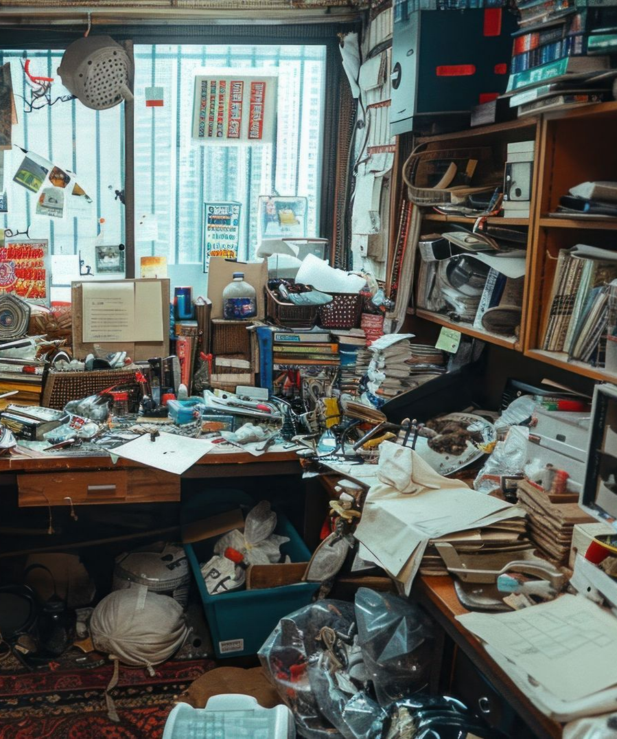 Espace de travail encombré et désordonné, avec bureau, étagères, papiers et fenêtre en arrière-plan.