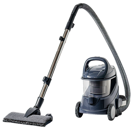 Aspirateur, traîneau gris avec tuyau, tube et brosse pour sols.