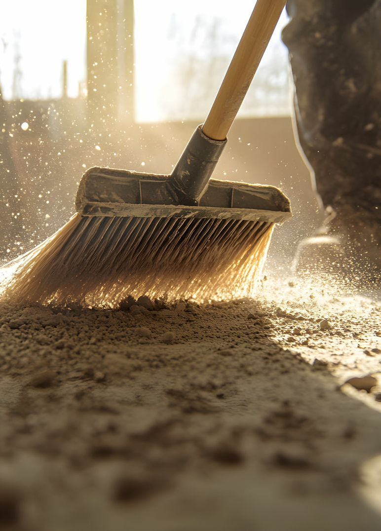 Un balai balaie la poussière sur un sol baigné de soleil.