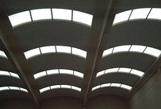 El techo de un edificio tiene muchas ventanas arqueadas.