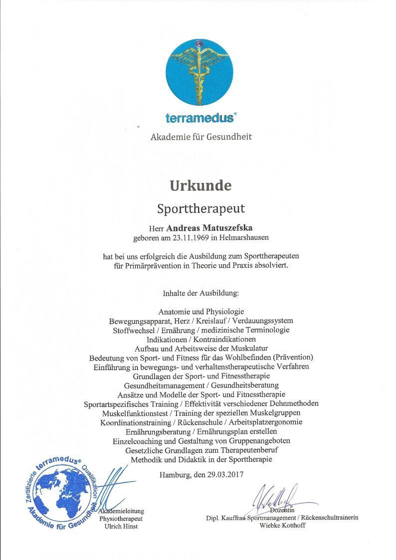 Zertifikat „Sporttherapeut“ mit medizinischem Emblem und deutschem Text.