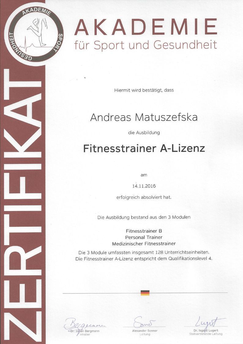 Certificate for Andreas Matuszefski, Fitness trainer A-license, from Akademie für Sport und Gesundheit.