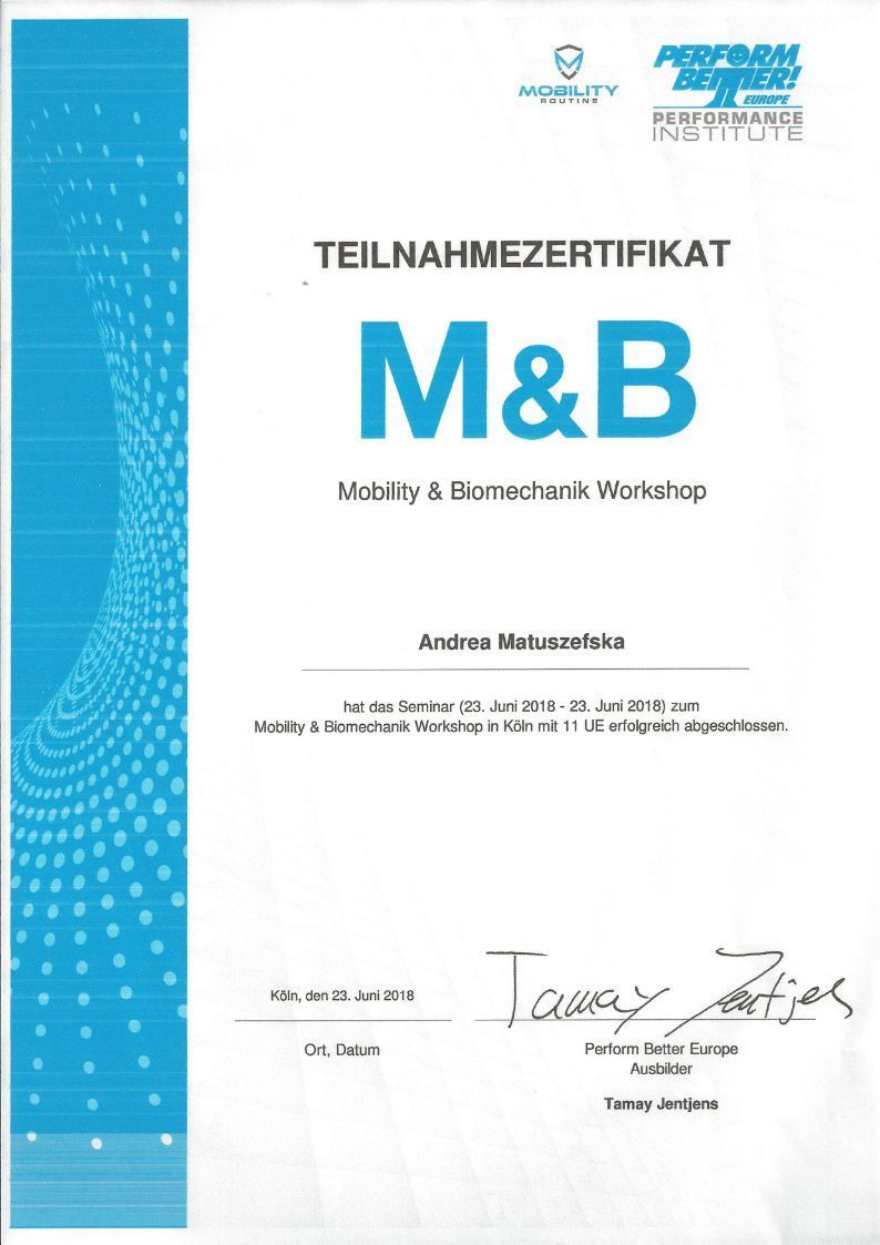 Zertifikat für den Workshop „M&B“ mit deutschem Text und Unterschrift.