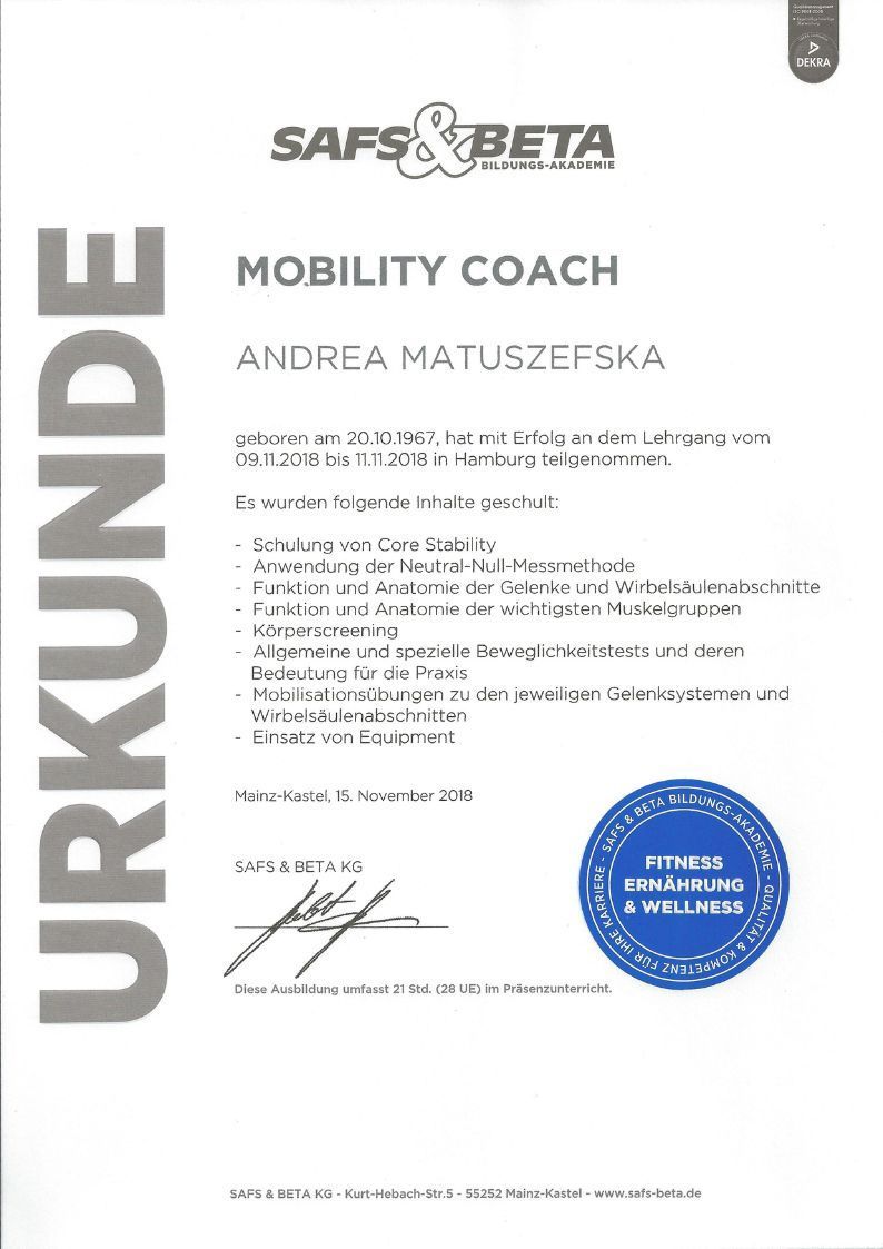Zertifikat für Andrea Matuszewska: Zertifizierung als Mobility Coach, Logo, Unterschrift und blaues Siegel.