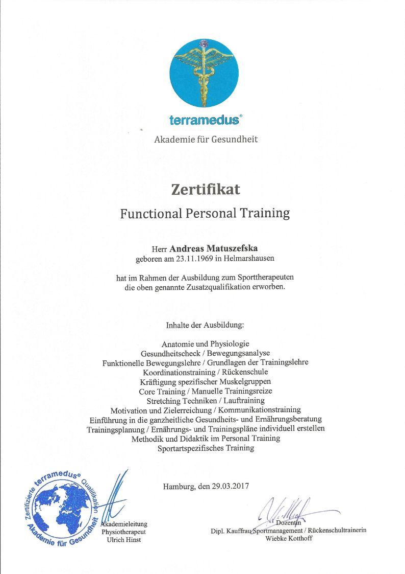 Zertifikat für Funktionelles Personal Training von TerraMedus, mit blauem Logo und deutschem Text.