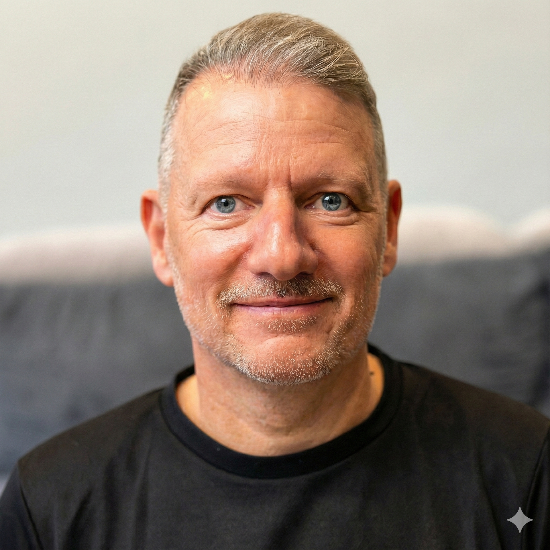 Ein Mann mit kurzem Haar und leichtem Bart, der sanft lächelt und ein schwarzes Hemd trägt.