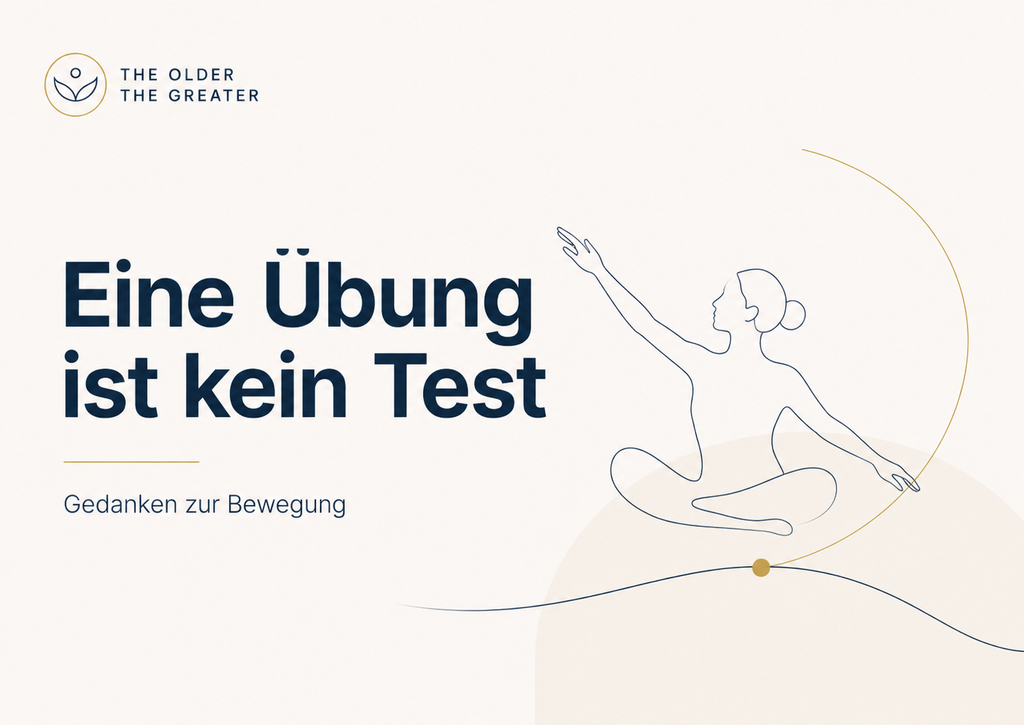Weiße Folie mit dunkelblauer Überschrift „Eine Übung ist kein Test“ und feiner Linienzeichnung rechts