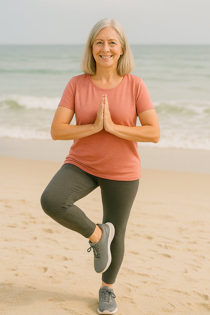 Ein älterer Mann macht eine Yoga-Pose und hat dabei seine Hände zum Gebet gefaltet.