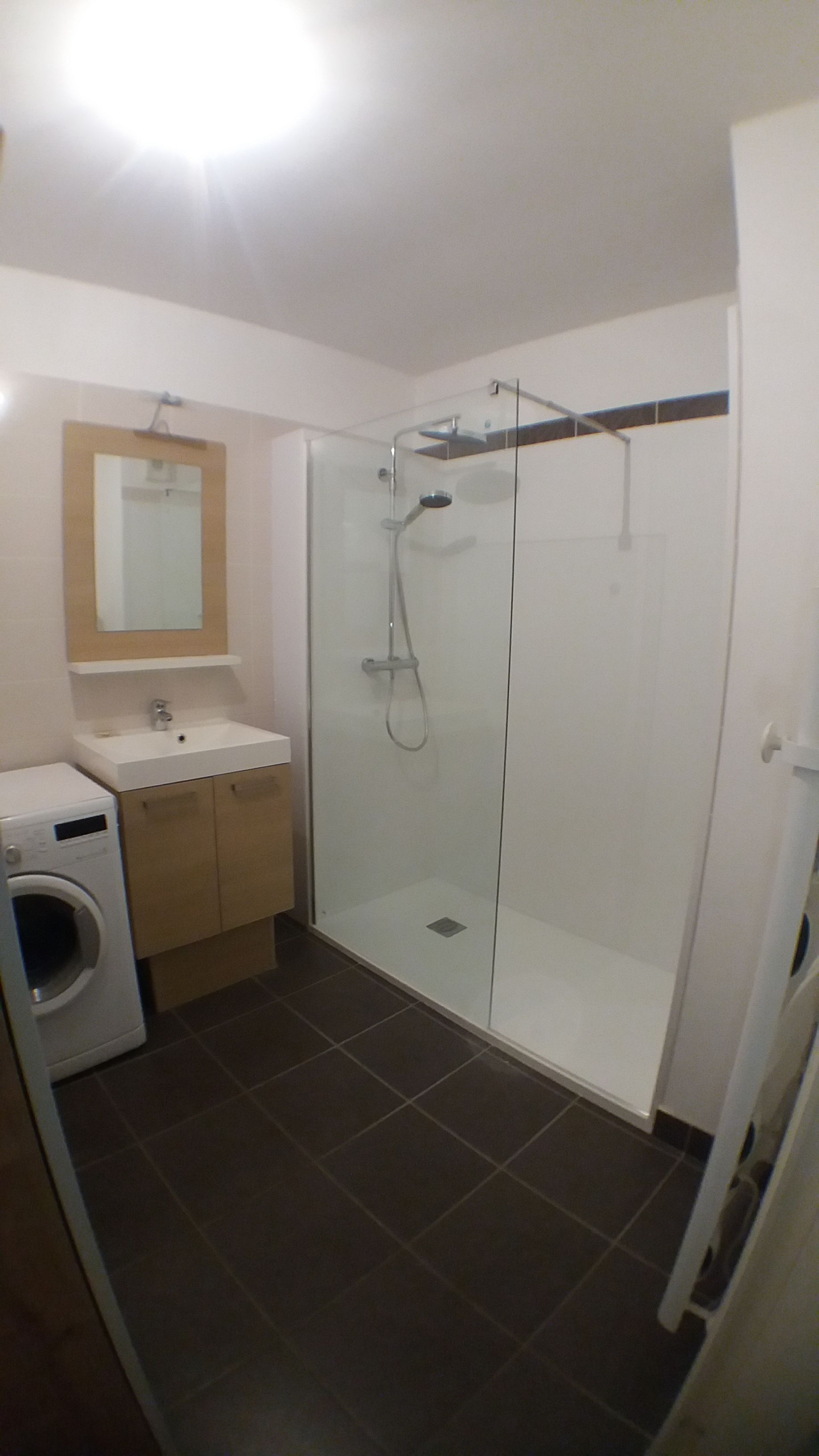 Salle de bain avec douche, lavabo, machine à laver et sol carrelé marron.