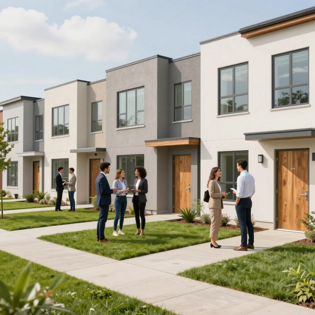 Hilera de casas adosadas modernas con gente charlando en la acera y jardines en la parte delantera.