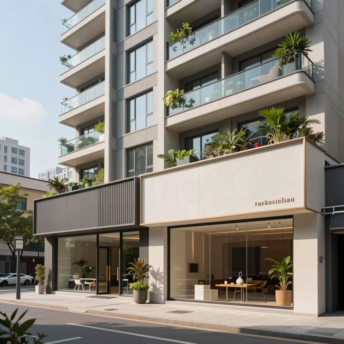 Edificio de apartamentos moderno con balcones y entrada a una cafetería a pie de calle.