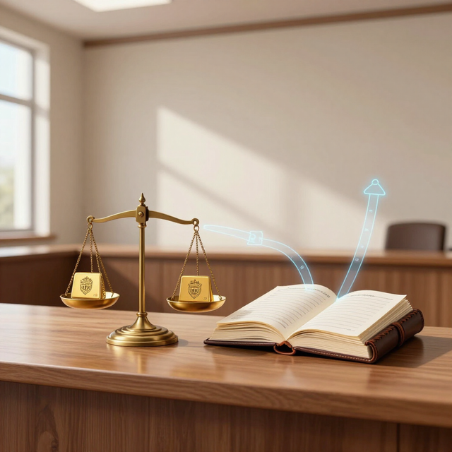 Un libro de leyes abierto con una balanza de la justicia sobre un escritorio de madera en una oficina iluminada por el sol.