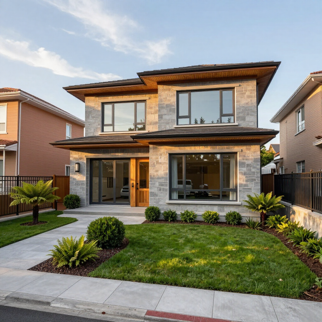 Casa moderna de dos plantas con jardín delantero paisajístico, grandes ventanales y fachada de piedra y madera.