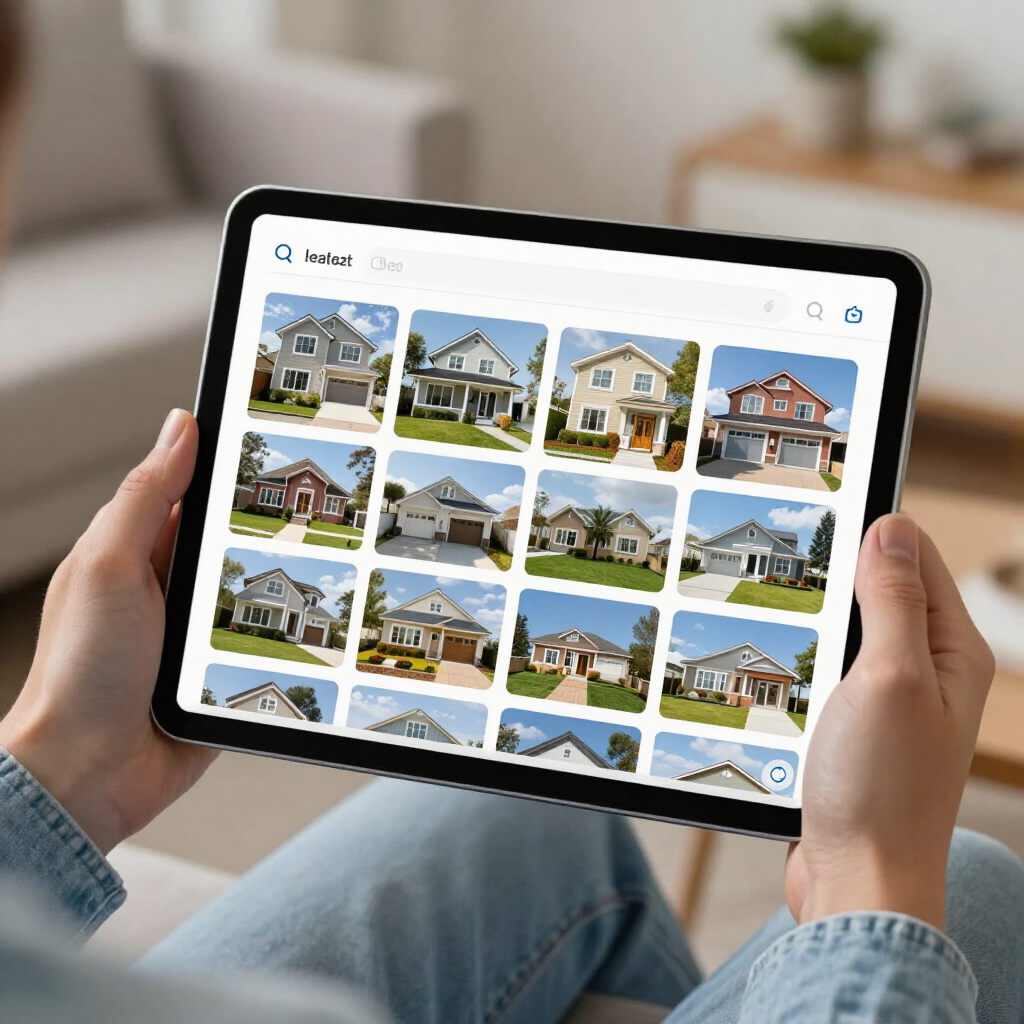 Manos sosteniendo una tableta que muestra una cuadrícula de listados de casas en una aplicación inmobiliaria.