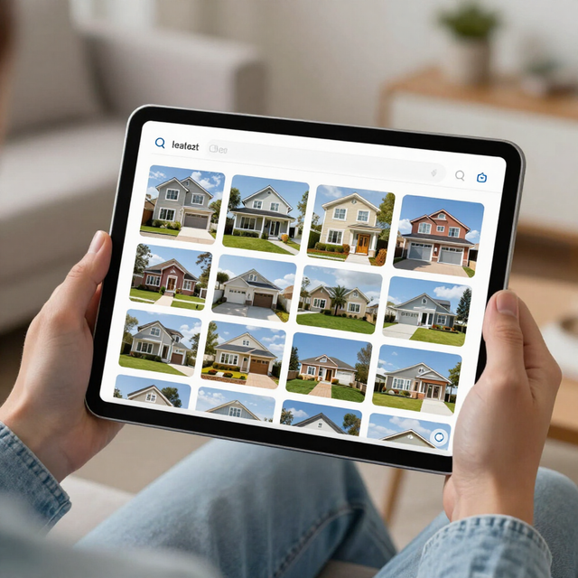 Manos sosteniendo una tableta que muestra una cuadrícula de listados de casas en una aplicación inmobiliaria.
