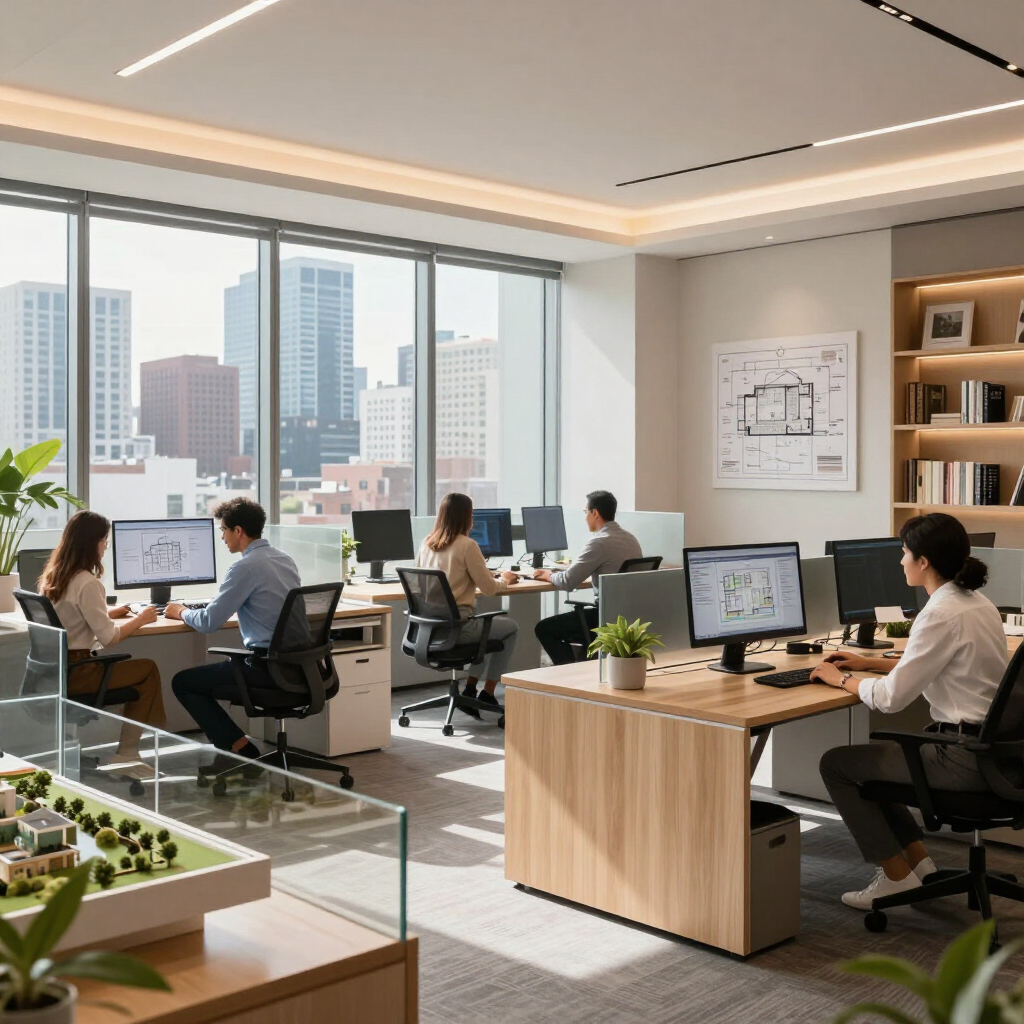Oficina moderna de planta abierta con personas trabajando en escritorios junto a grandes ventanales con vistas a la ciudad.