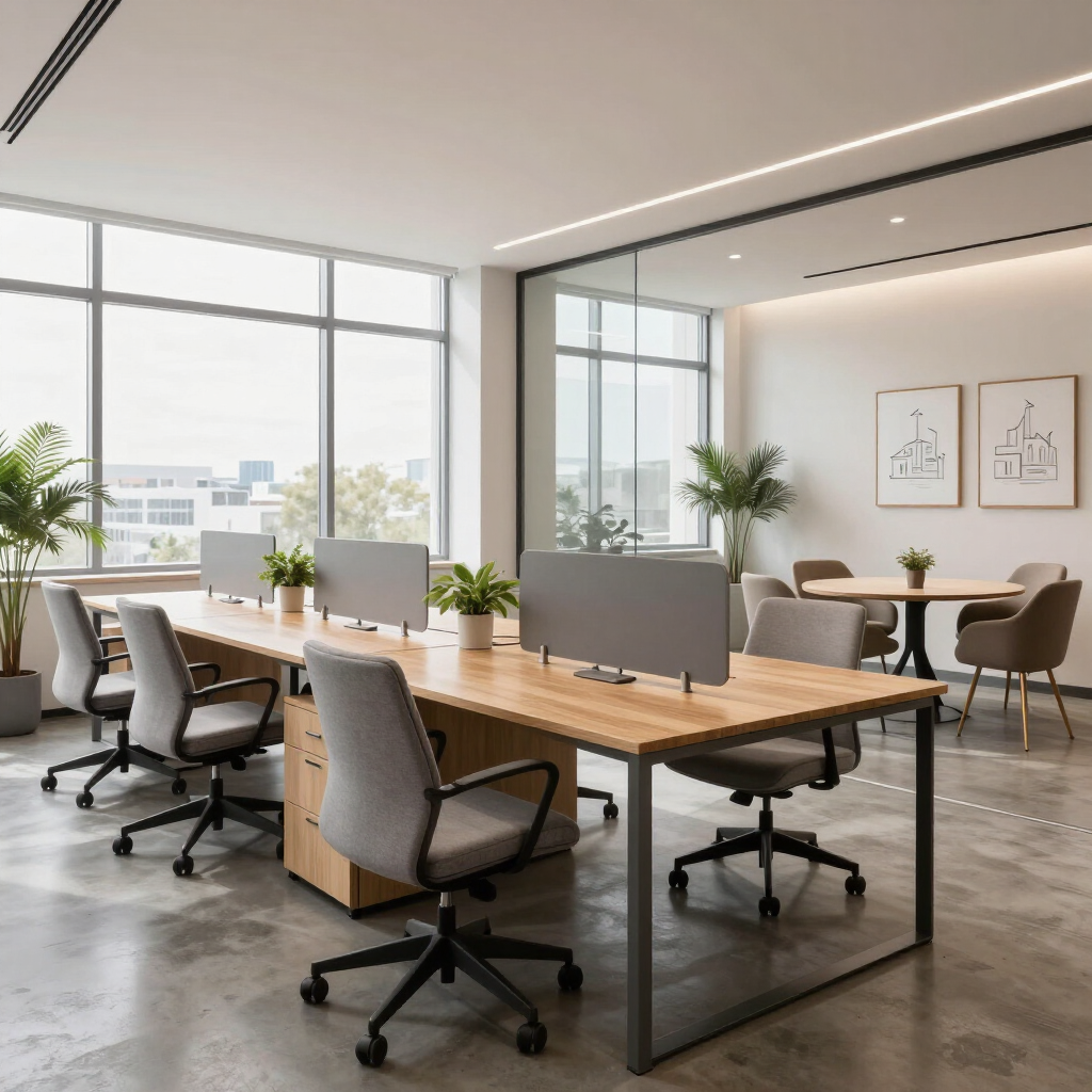 Oficina moderna y luminosa con escritorios, sillas giratorias, grandes ventanales y plantas de interior.