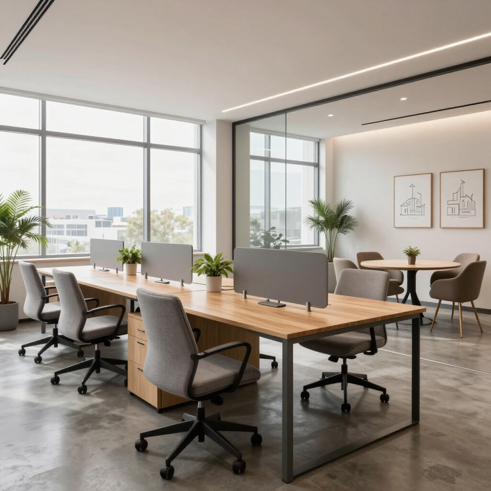 Oficina moderna y luminosa con escritorios, sillas giratorias, grandes ventanales y plantas de interior.