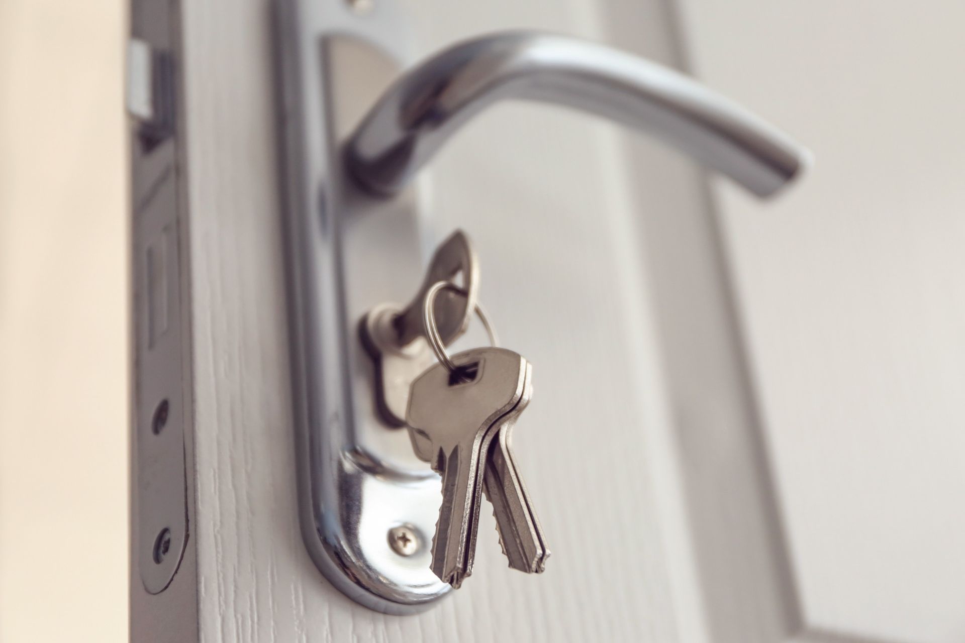 Un primer plano de una cerradura de puerta con dos llaves dentro.