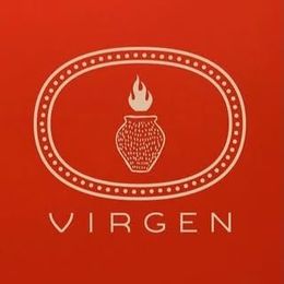 Logotipo rojo con borde ovalado, puntos y una llama central sobre un recipiente; "VIRGEN" debajo.