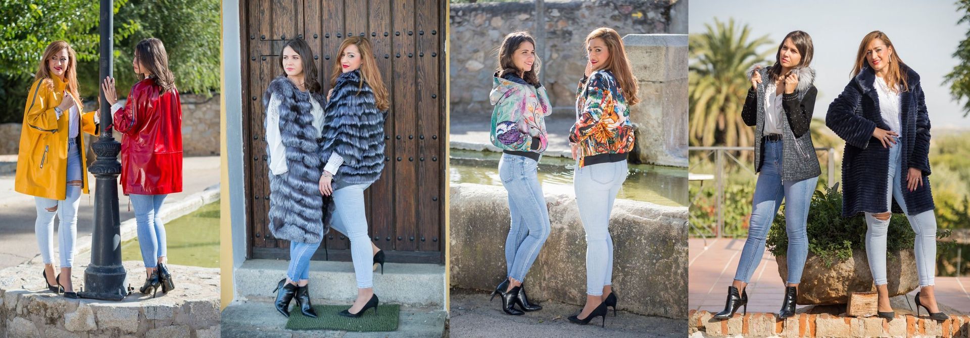 Cuatro parejas de mujeres en escenarios al aire libre, modelando moda.