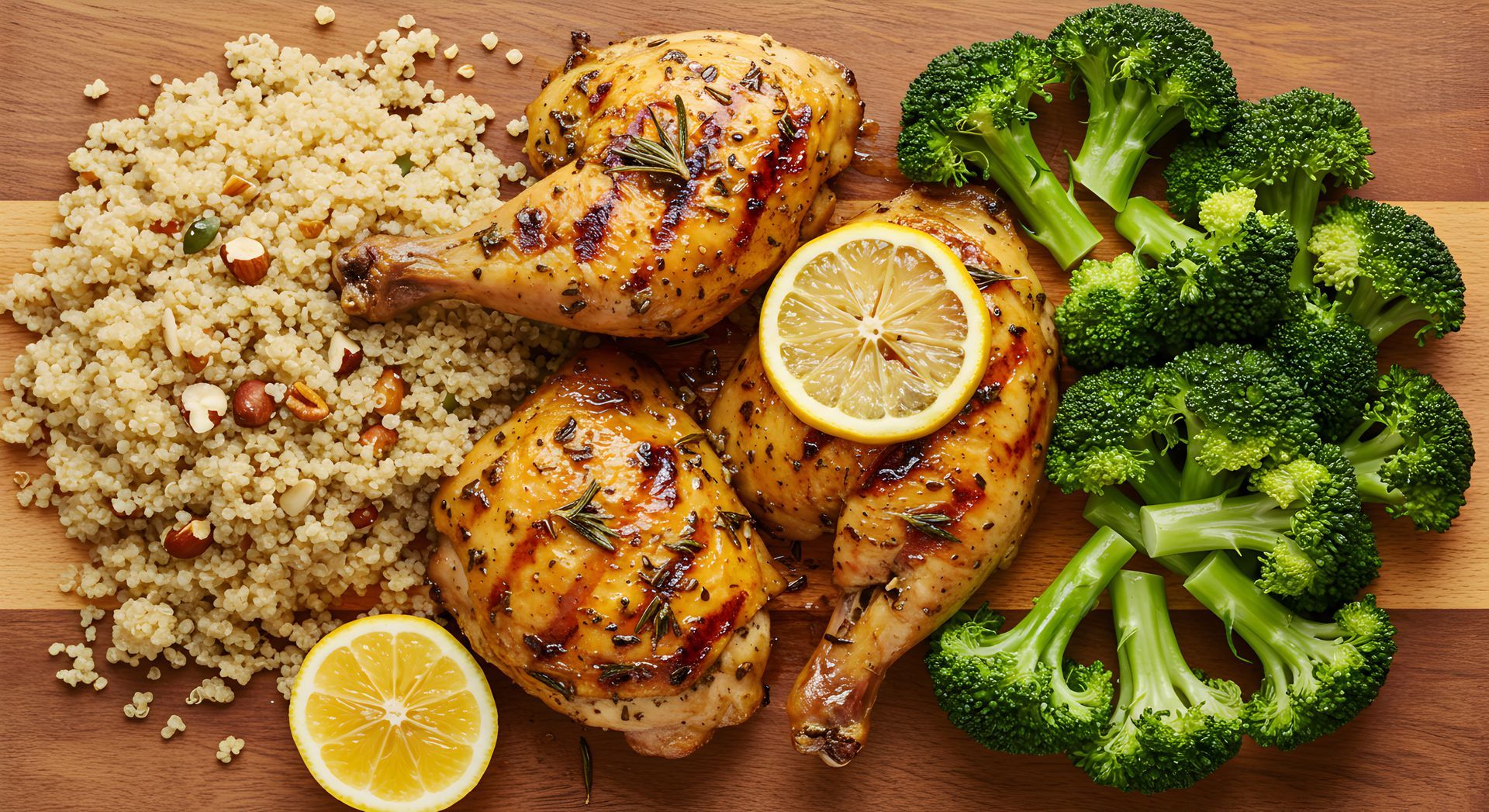 Poulet grillé au citron, couscous et brocoli sur une planche de bois.