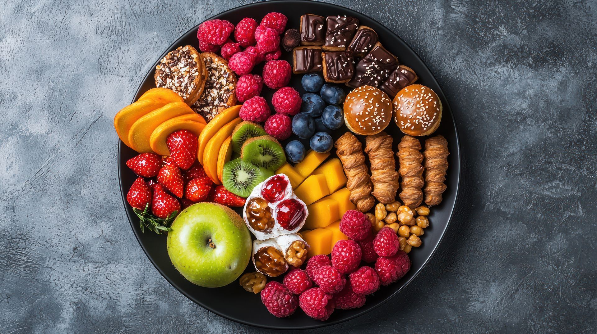 Plateau de desserts coloré avec fruits, biscuits, chocolat et noix.