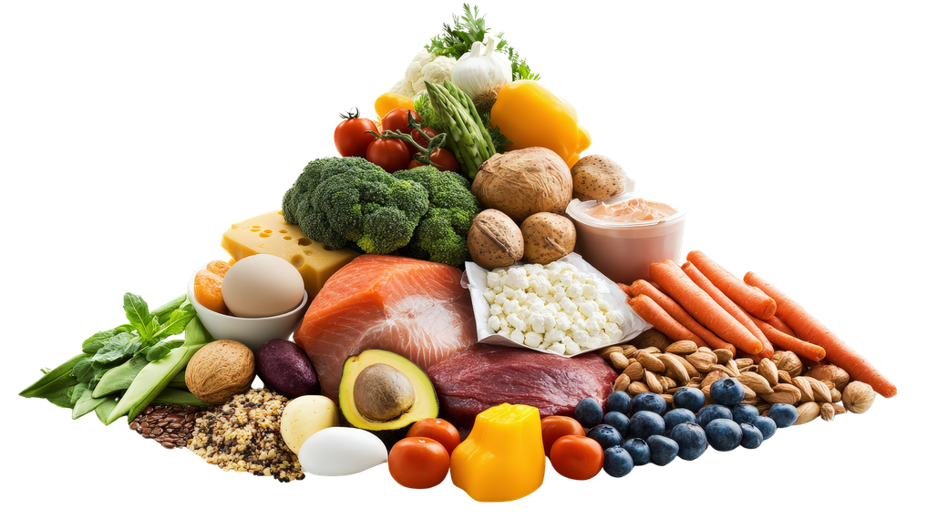 Pyramide de diverses options alimentaires saines et colorées, comprenant des fruits, des légumes et des sources de protéines.