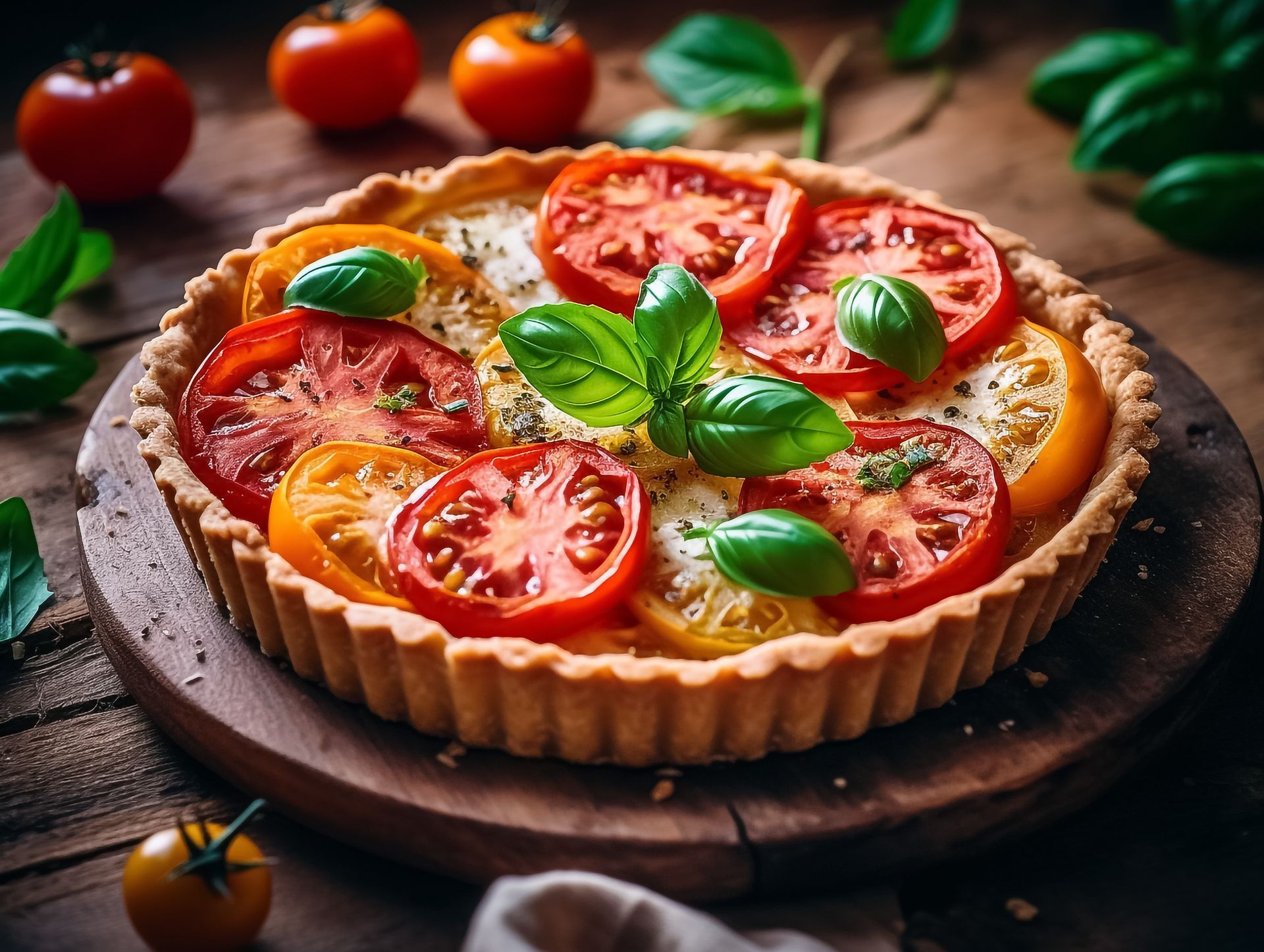 Tarte aux tomates sur une planche de bois, garnie de basilic.