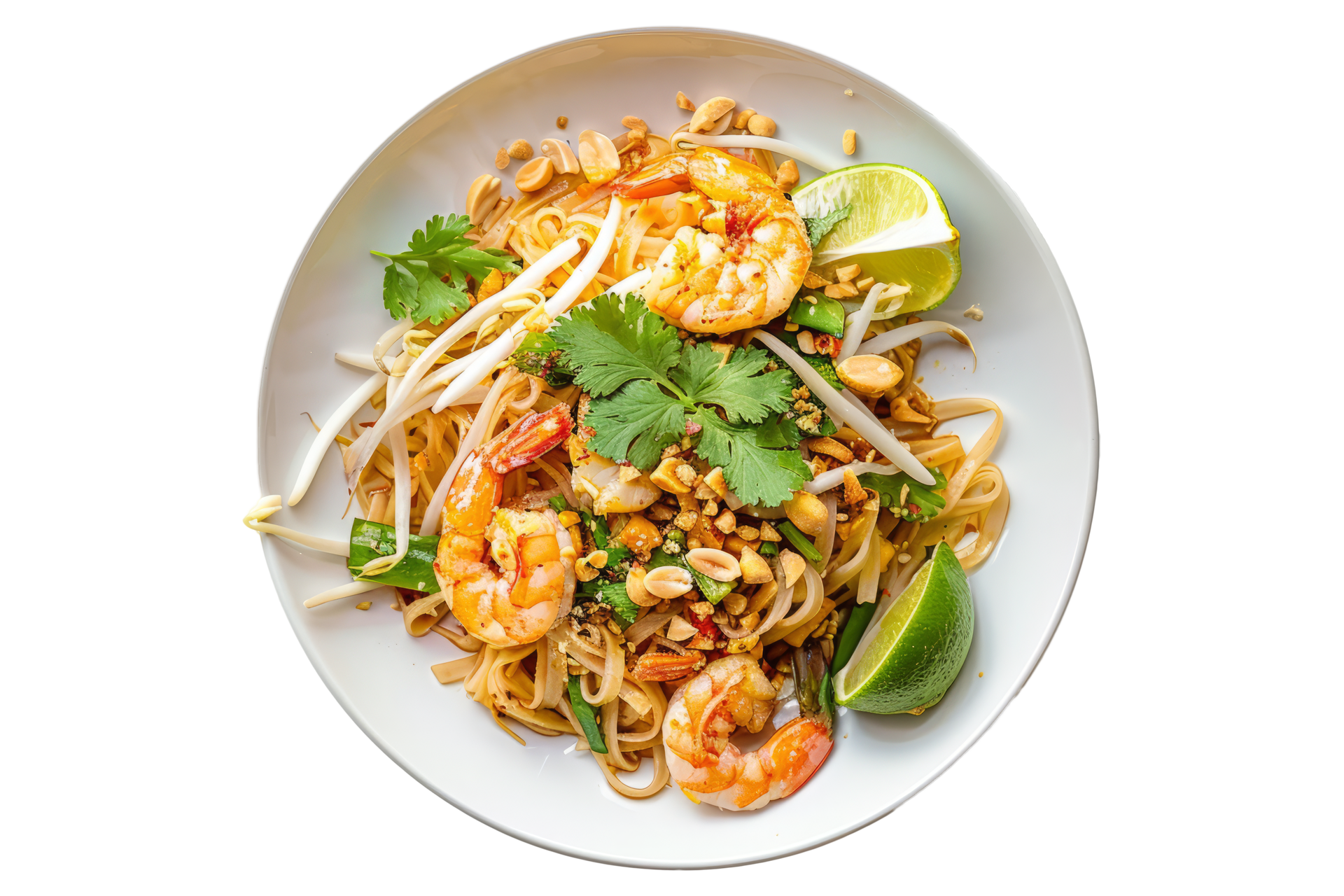 Pad thaï aux crevettes, cacahuètes, germes de soja, coriandre et citron vert.