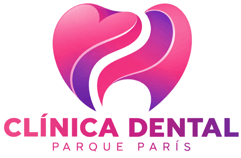 Logo de Cl&iacute;nica Dental Parque Par&iacute;s con diente rosa y morado sobre fondo blanco