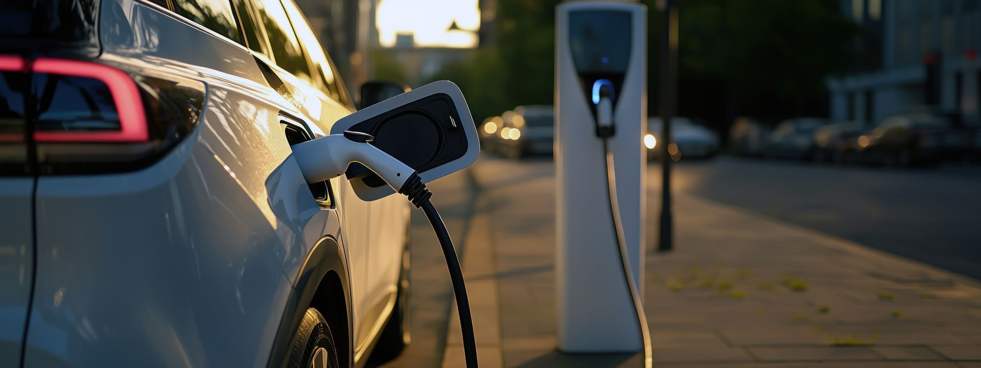 Voiture électrique en charge à une borne de recharge en bord de trottoir au crépuscule.