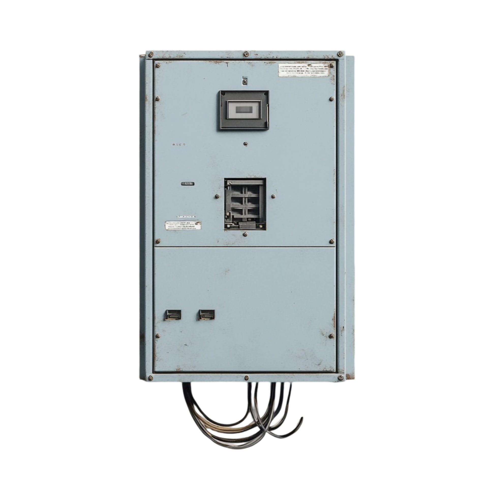 Panneau de commande électrique gris avec compteur et interrupteurs, câbles pendant en dessous.