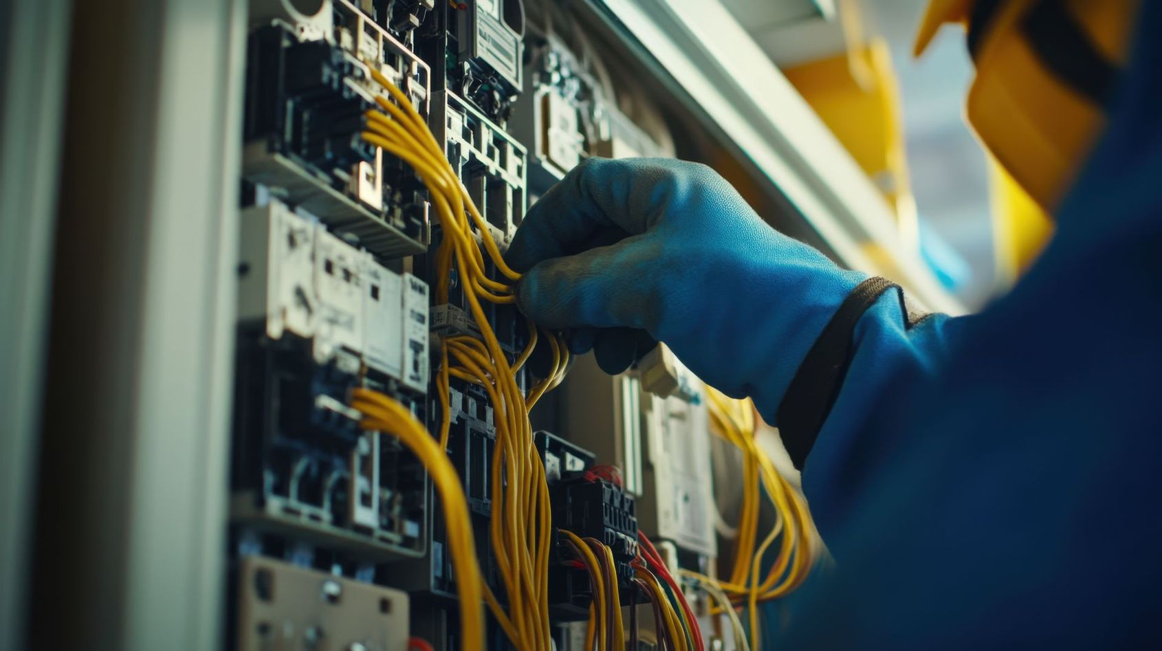Technicien portant des gants bleus travaillant sur une baie de serveurs avec des câbles de réseau jaunes.