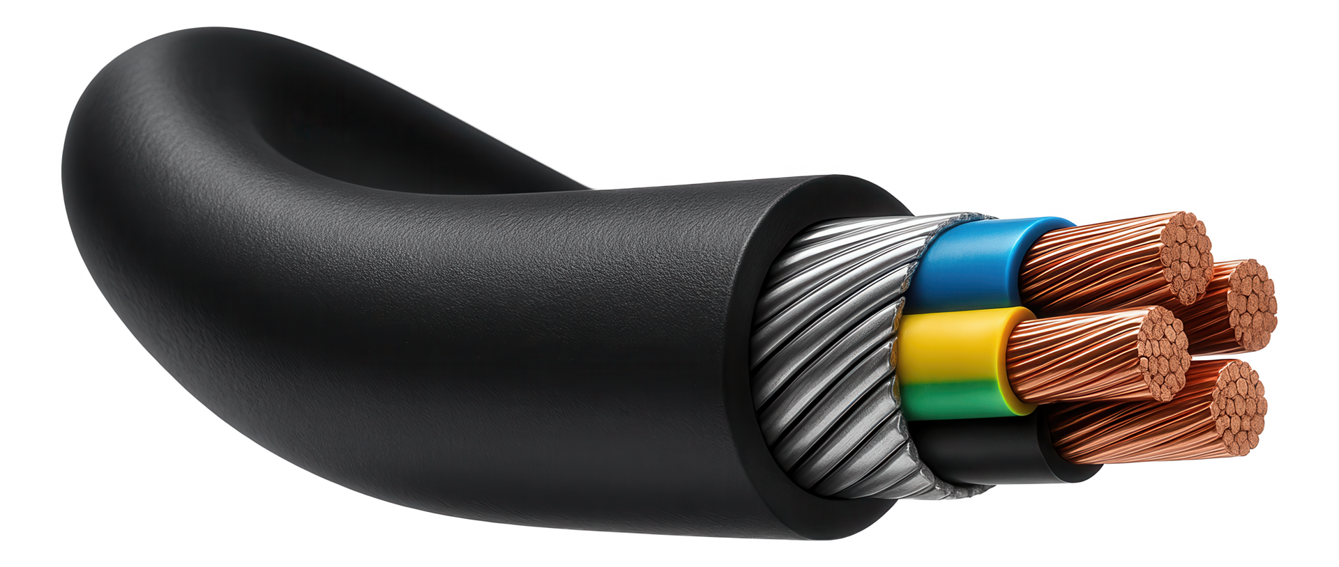 Câble électrique noir avec fils de cuivre apparents et isolation intérieure colorée ouverte à une extrémité.