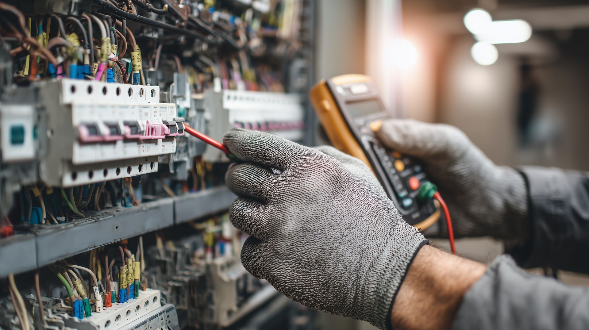 Technicien ganté testant le câblage à l'intérieur d'un tableau électrique à l'aide d'un multimètre.