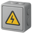 Boîtier électrique gris avec le symbole d'avertissement de foudre jaune sur le devant.