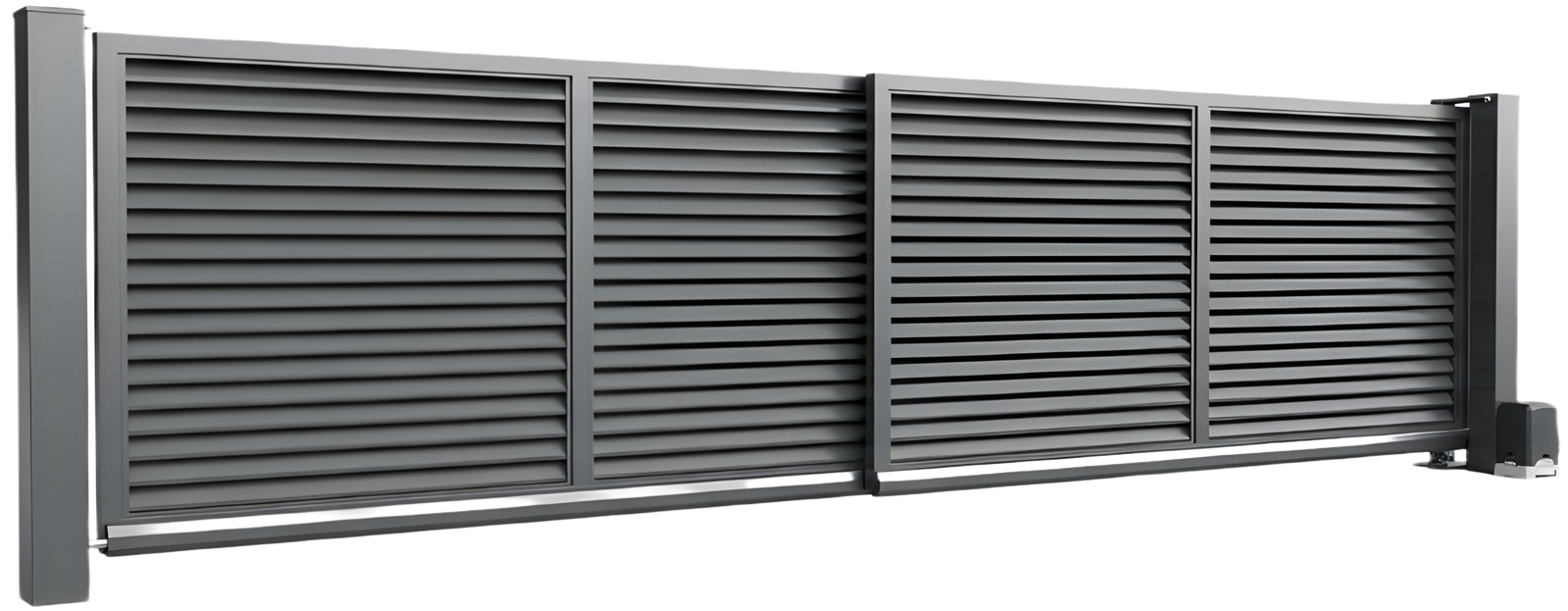 Panneaux de clôture en métal gris pour préserver l'intimité, avec des lattes horizontales fixées sur des poteaux.