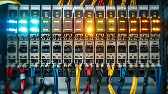 Rangée de modules de commande industriels avec voyants d'état bleus et orange et câblage coloré.