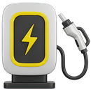 Borne de recharge pour véhicules électriques avec un éclair jaune et une prise de recharge.