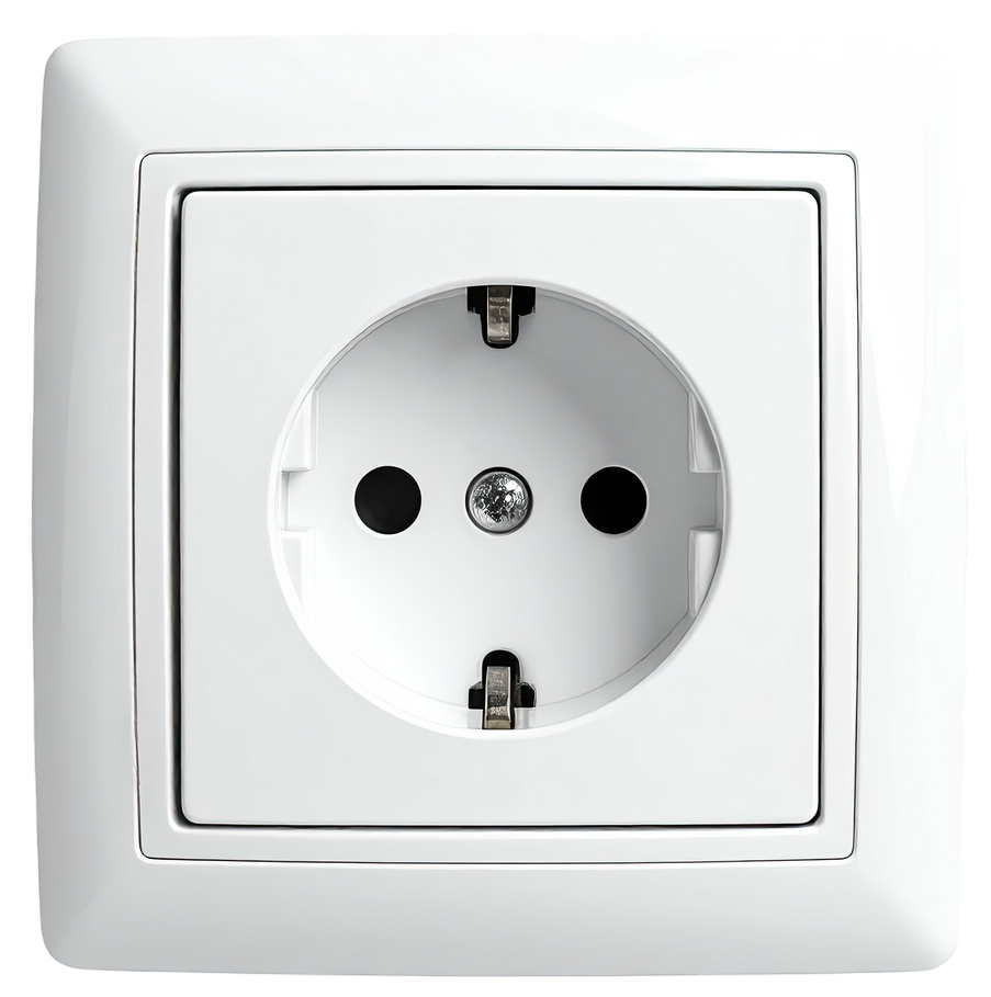 Prise murale blanche avec douille ronde de style européen et deux trous de prise.